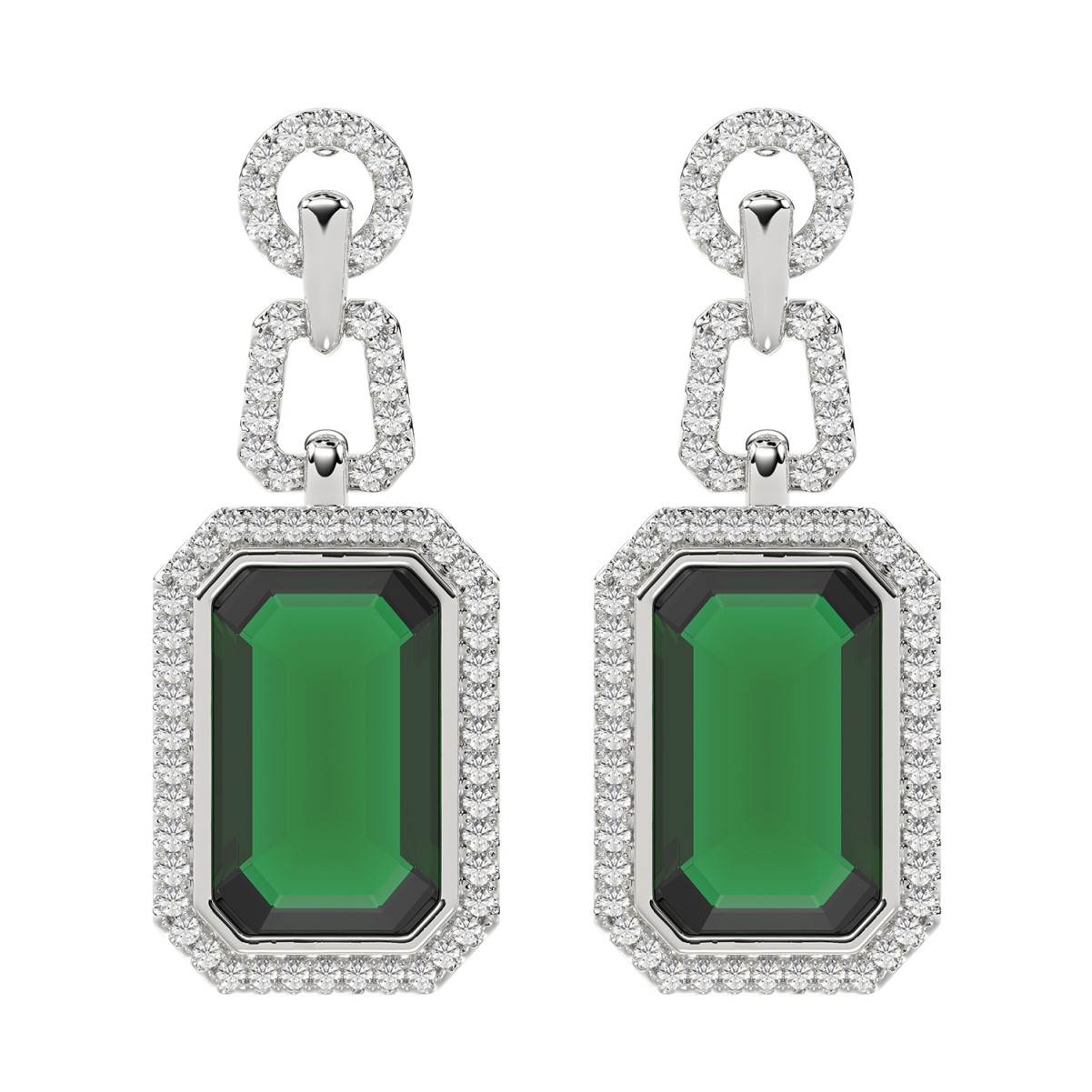 18K WHITE GOLD 7 1/2CT ROUND/EMERALD/ONYX DIAMOND LADIES EARRINGS(COLOR STONE EMERALD DIAMOND 7 CT)