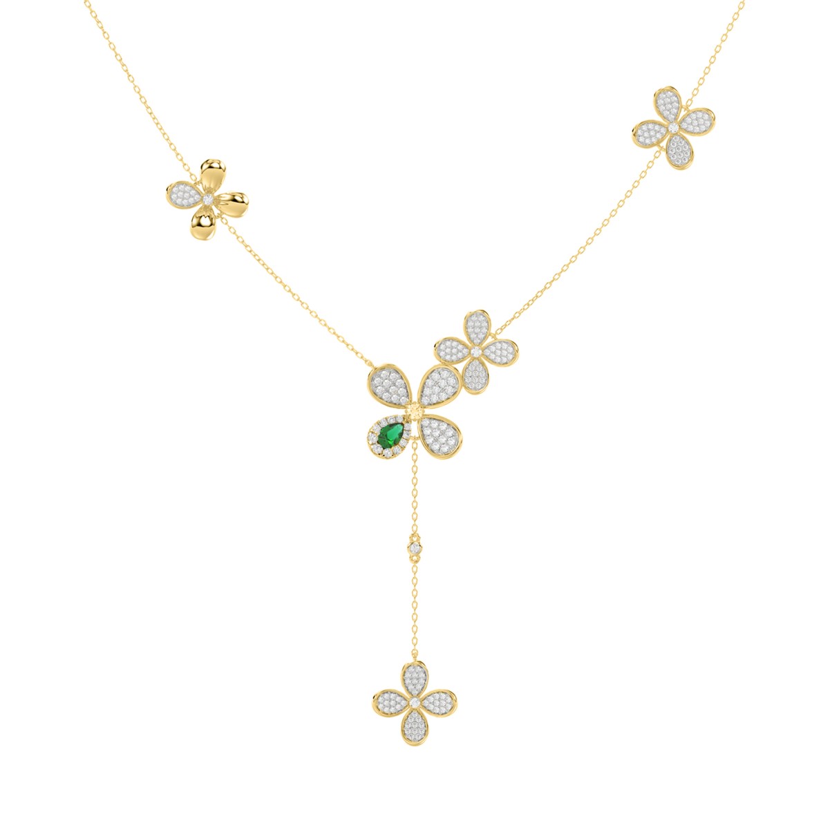 18K YELLOW GOLD 1CT ROUND/PEAR DIAMOND LADIES NECKLACE(COLOR STONE PEAR GREEN EMERALD DIAMOND 1 1/6CT)