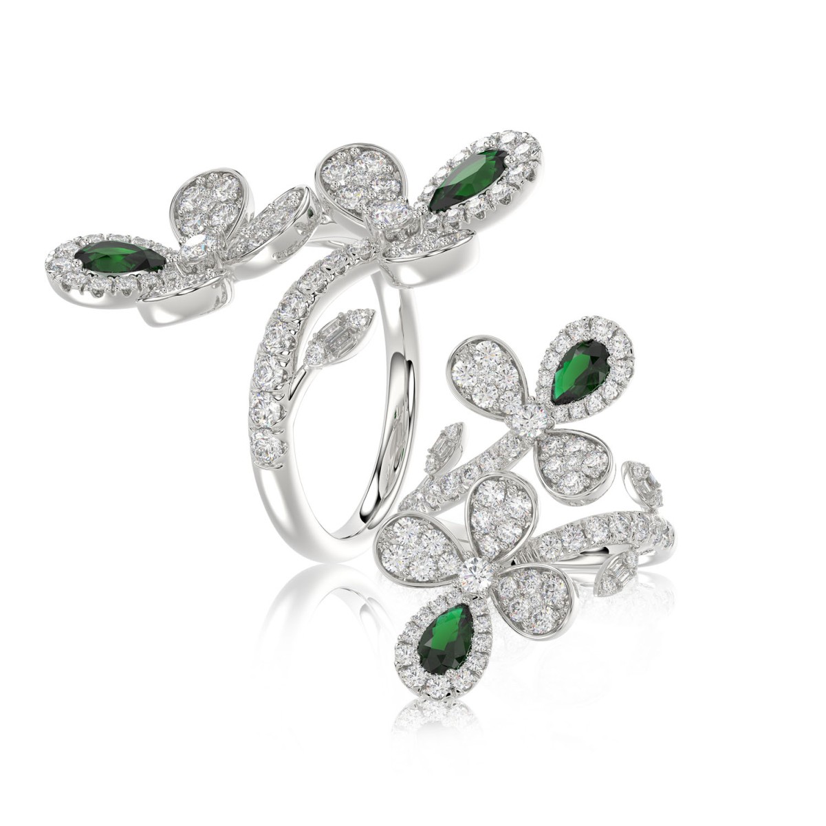 18K WHITE GOLD 1 1/2CT ROUND/BAGUETTE/PEAR DIAMOND LADIES RING(COLOR STONE PEAR GREEN EMERALD DIAMOND 1 1/2CT)