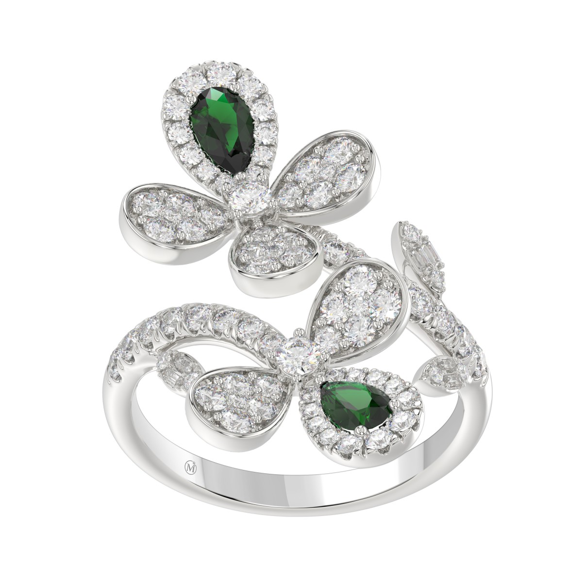 18K WHITE GOLD 1 1/2CT ROUND/BAGUETTE/PEAR DIAMOND LADIES RING(COLOR STONE PEAR GREEN EMERALD DIAMOND 1 1/2CT)