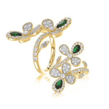 18K YELLOW GOLD 1 1/2CT ROUND/BAGUETTE/PEAR DIAMOND LADIES RING(COLOR STONE PEAR GREEN EMERALD DIAMOND 1 1/2CT)