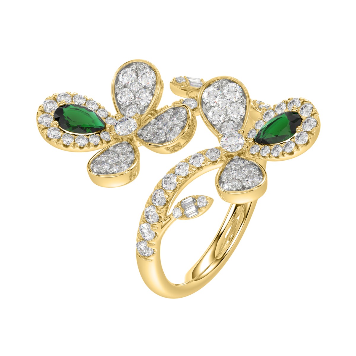 18K YELLOW GOLD 1 1/2CT ROUND/BAGUETTE/PEAR DIAMOND LADIES RING(COLOR STONE PEAR GREEN EMERALD DIAMOND 1 1/2CT)