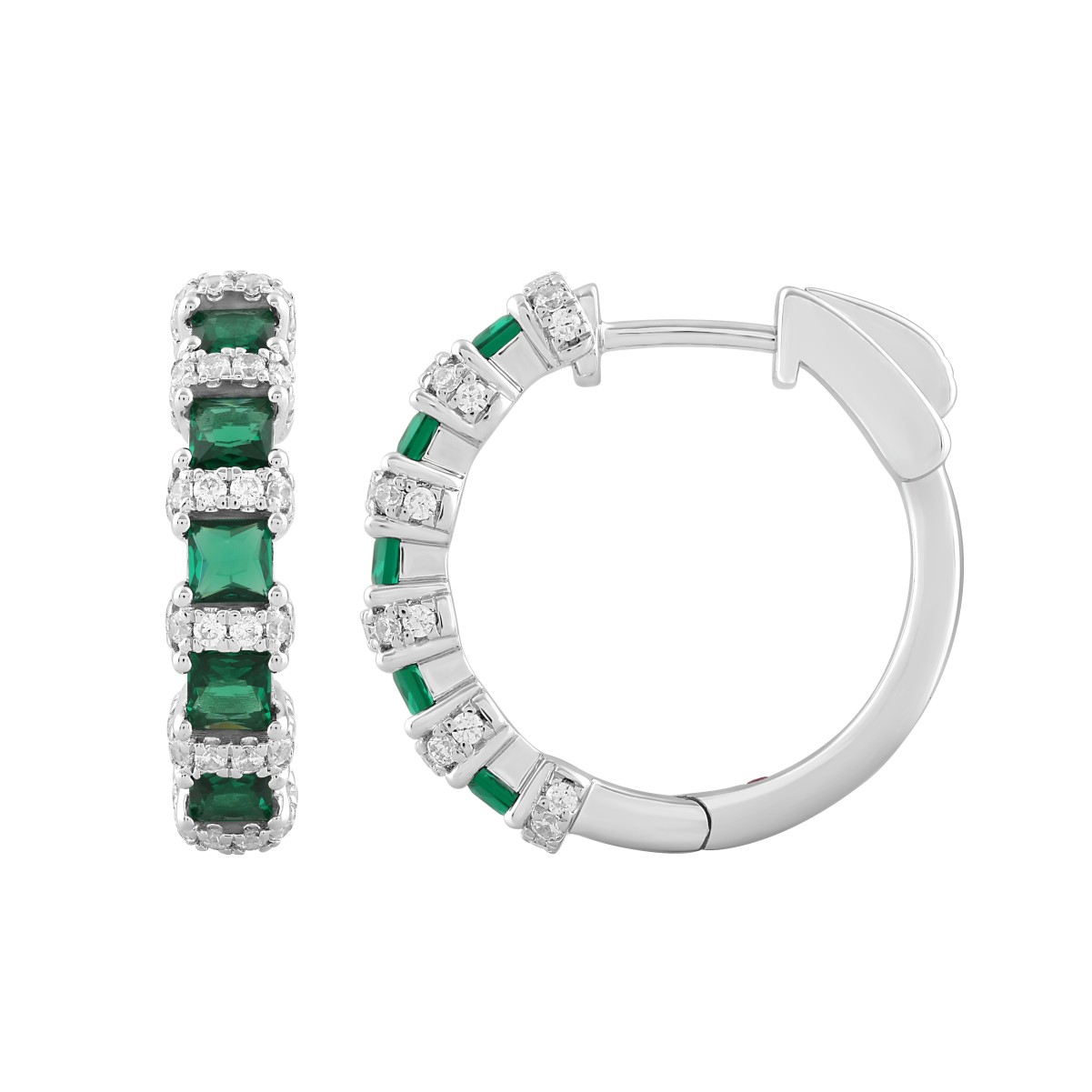 14K WHITE GOLD 1/2CT ROUND/PRINCESS DIAMOND EARRINGS(COLOR STONE PRINCESS GREEN EMERALD DIAMOND 0 .01CT)