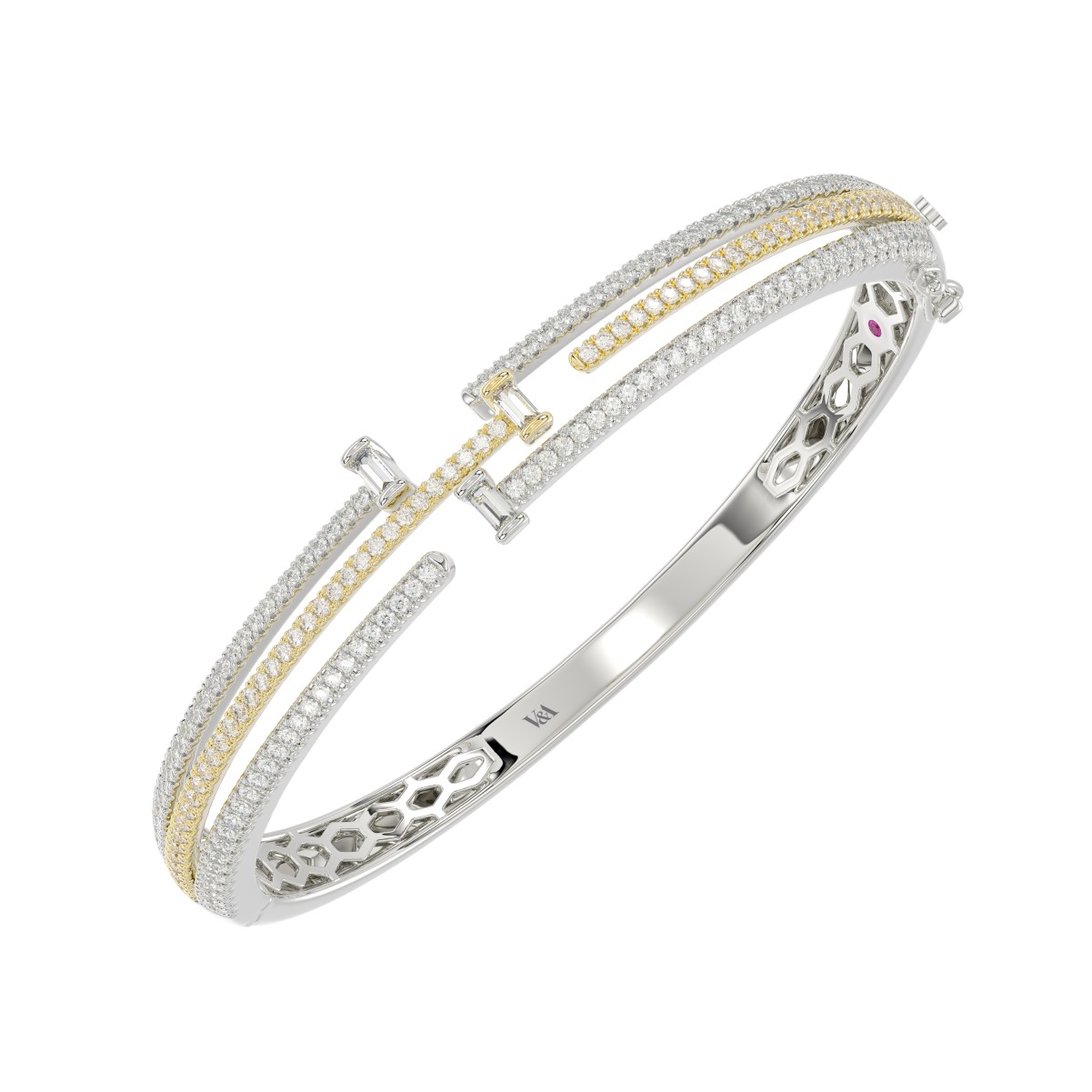 14K WHITE GOLD/YELLOW GOLD 1 1/2CT ROUND/BAGUETTE DIAMOND LADIES BANGLE