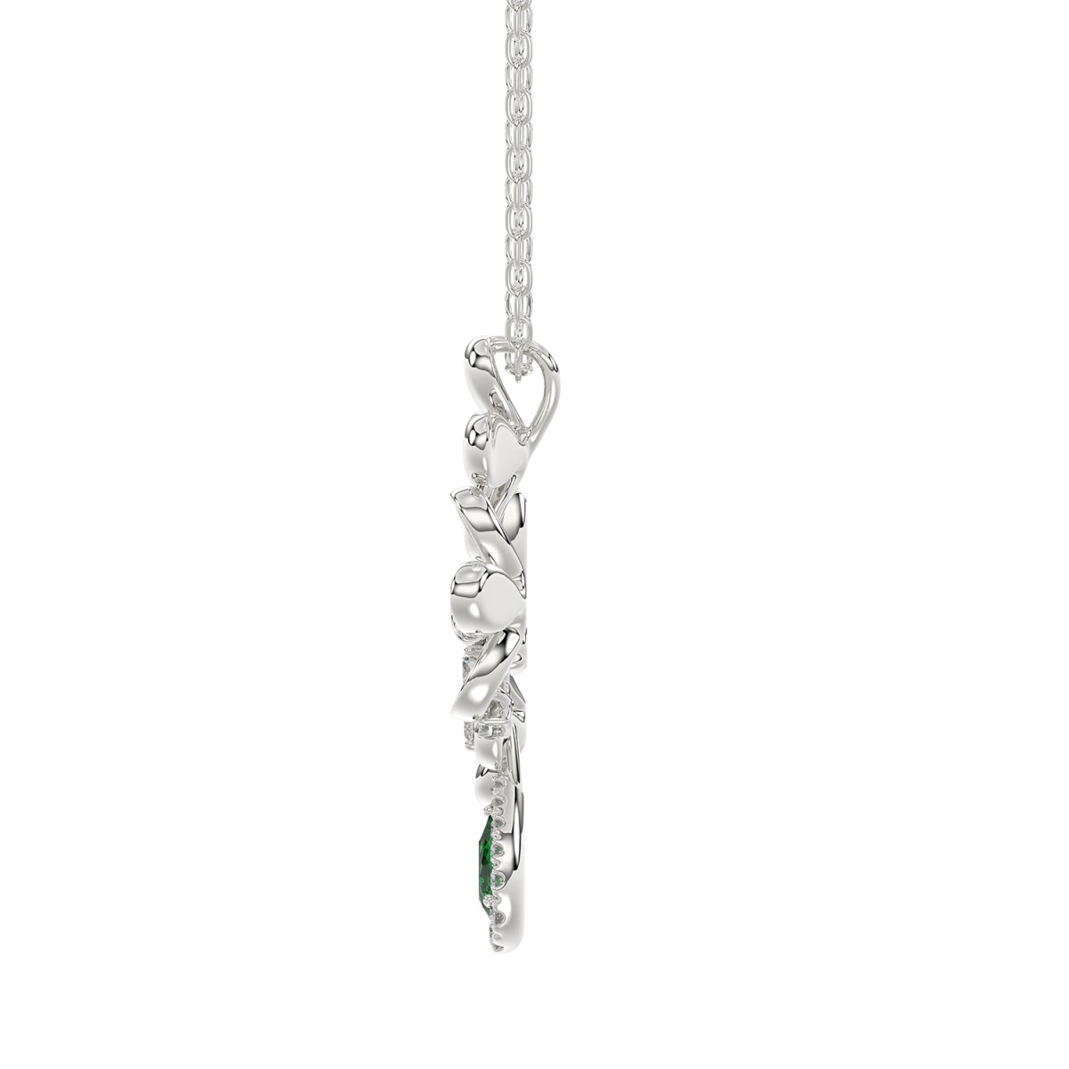 18K WHITE GOLD 3/4CT ROUND/PEAR DIAMOND LADIES NECKLACE(COLOR STONE PEAR GREEN EMERALD DIAMOND 1/4CT)