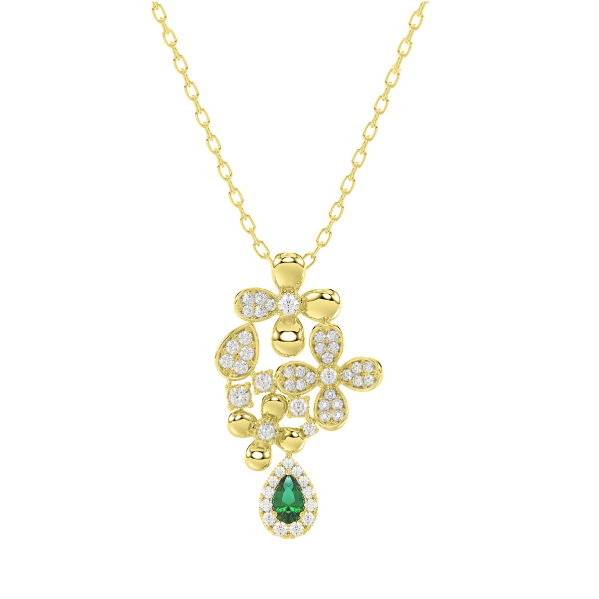 18K YELLOW GOLD 3/4CT ROUND/PEAR DIAMOND LADIES NECKLACE(COLOR STONE PEAR GREEN EMERALD DIAMOND 1/4CT)