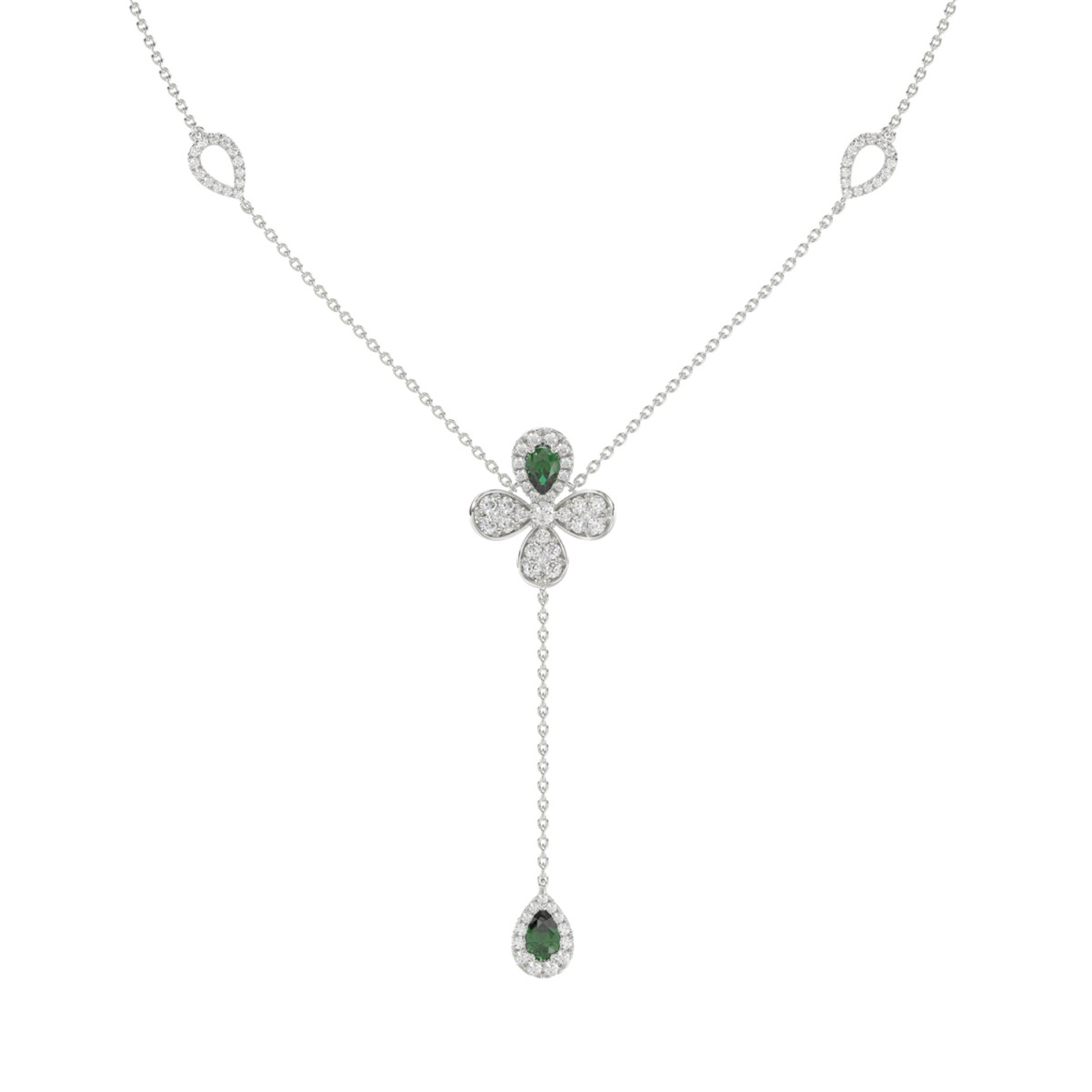 18K WHITE GOLD 1 7/8CT ROUND/PEAR DIAMOND LADIES NECKLACE(COLOR STONE PEAR GREEN EMERALD DIAMOND 7/8CT)