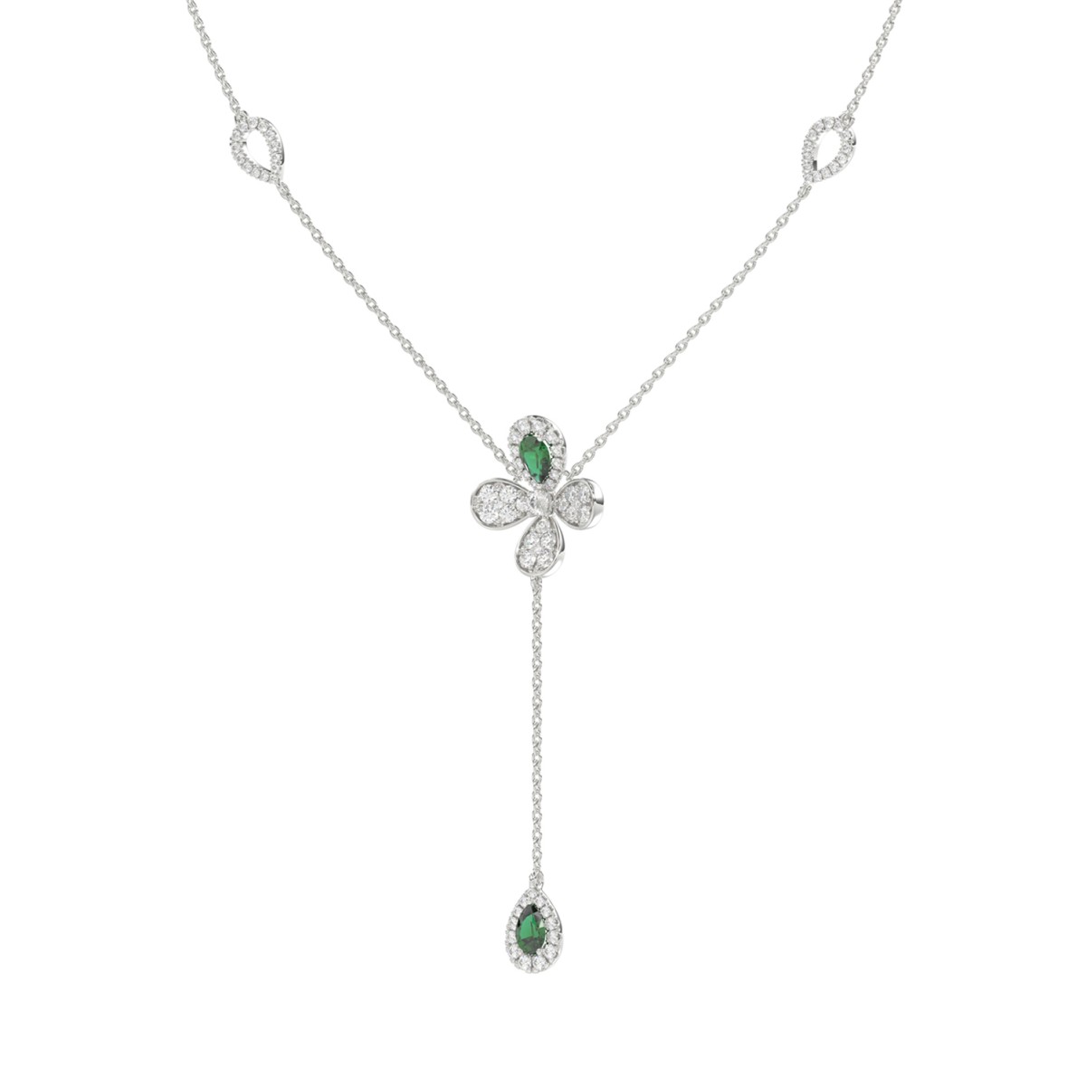 18K WHITE GOLD 1 7/8CT ROUND/PEAR DIAMOND LADIES NECKLACE(COLOR STONE PEAR GREEN EMERALD DIAMOND 7/8CT)