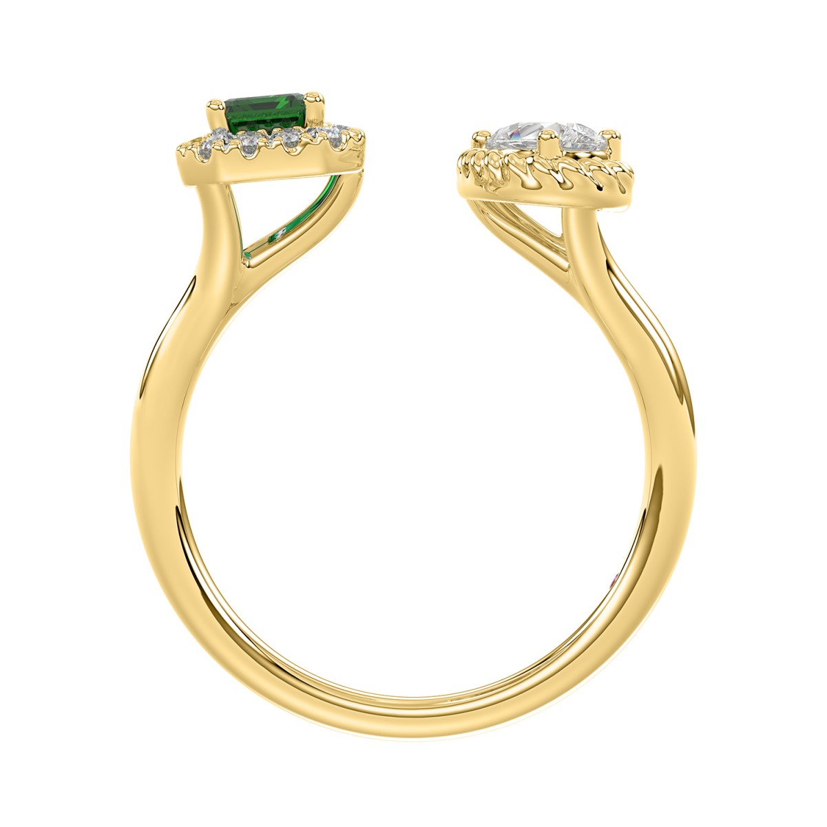 14K YELLOW GOLD 1CT ROUND/EMERALD/PEAR DIAMOND LADIES RING(COLOR STONE GREEN EMERALD DIAMOND 1/4CT)