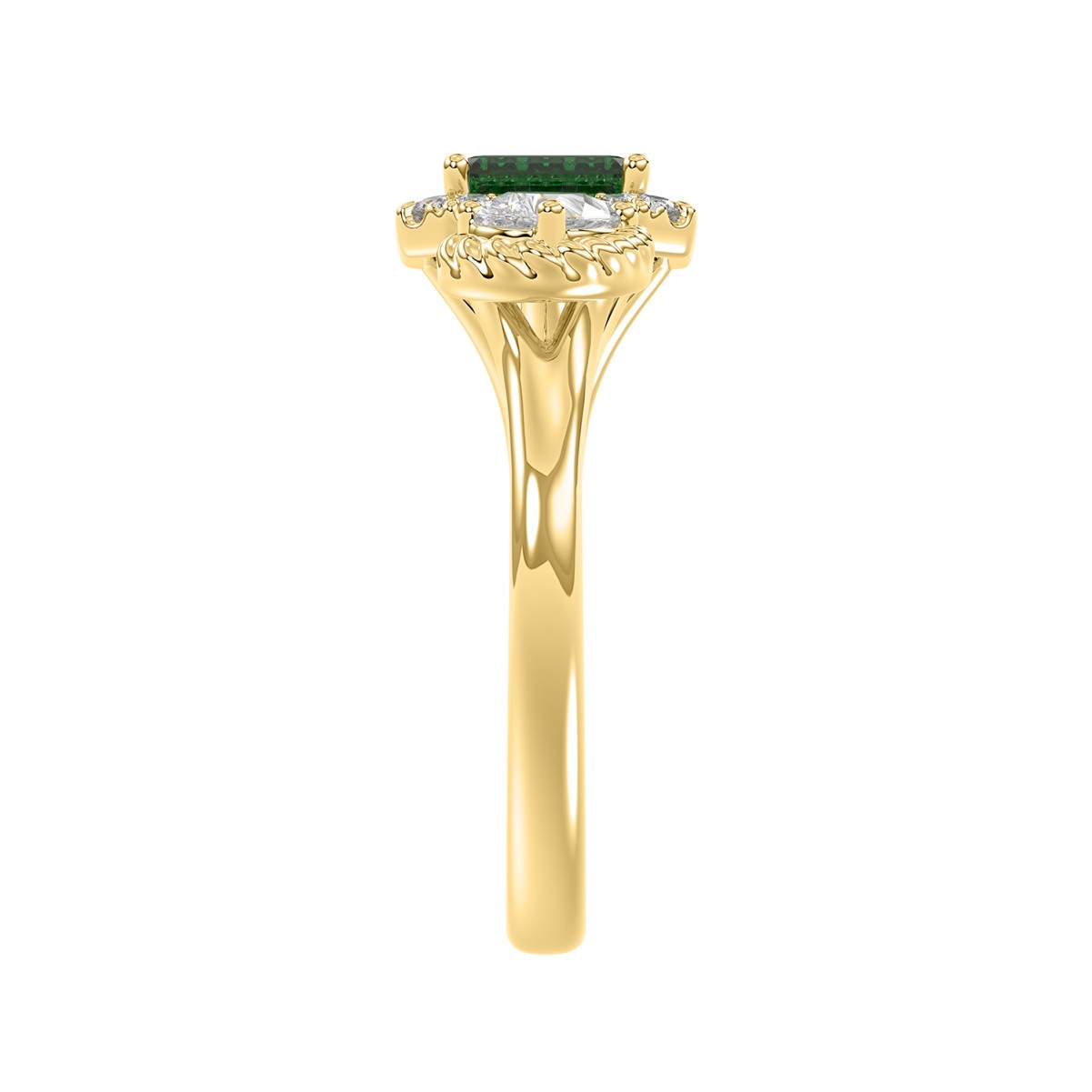 14K YELLOW GOLD 1CT ROUND/EMERALD/PEAR DIAMOND LADIES RING(COLOR STONE GREEN EMERALD DIAMOND 1/4CT)