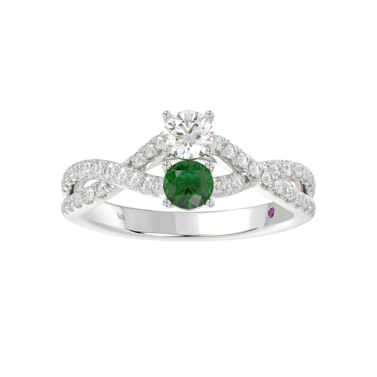 18K WHITE GOLD 7/8CT ROUND DIAMOND LADIES RING(COLOR STONE ROUND GREEN EMERALD DIAMOND 1/4CT)