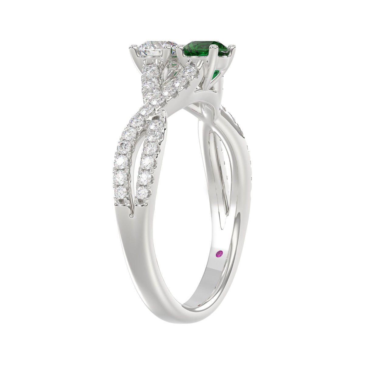 18K WHITE GOLD 7/8CT ROUND DIAMOND LADIES RING(COLOR STONE ROUND GREEN EMERALD DIAMOND 1/4CT)