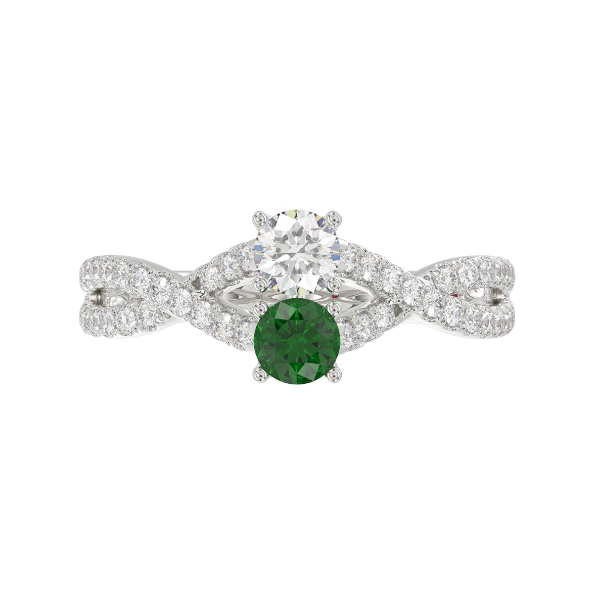 18K WHITE GOLD 7/8CT ROUND DIAMOND LADIES RING(COLOR STONE ROUND GREEN EMERALD DIAMOND 1/4CT)