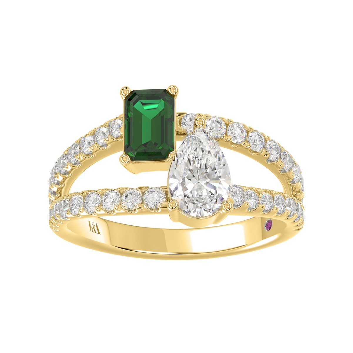 18K YELLOW GOLD 7/8CT ROUND/PEAR/EMERALD DIAMOND LADIES RING(COLOR STONE GREEN EMERALD/PEAR DIAMOND 1/3CT/1/4CT)