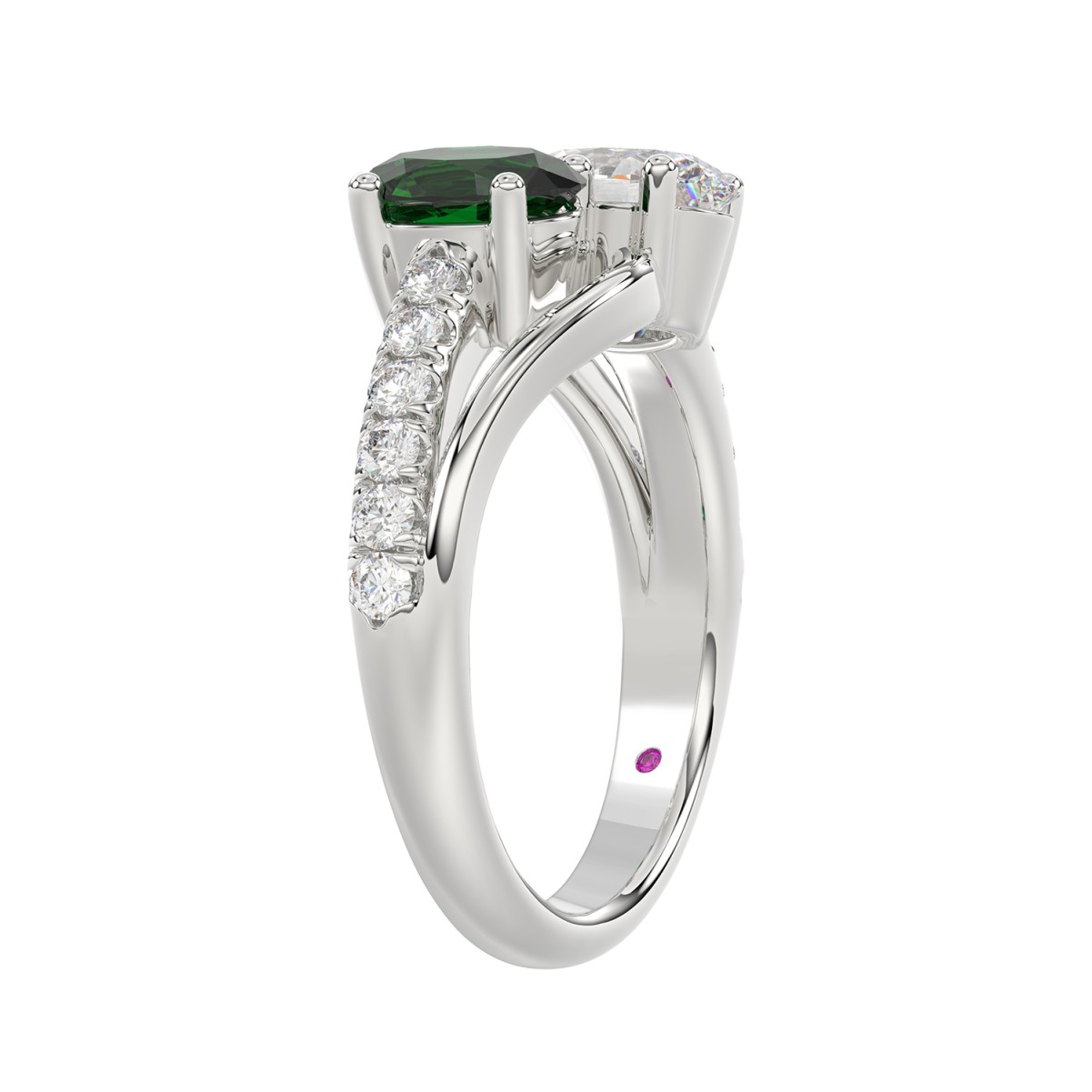 18K WHITE GOLD 7/8CT OVAL GREEN EMERALD / ROUND DIAMOND LADIES RING(COLOR STONE OVAL GREEN EMERALD DIAMOND 1/3CT)