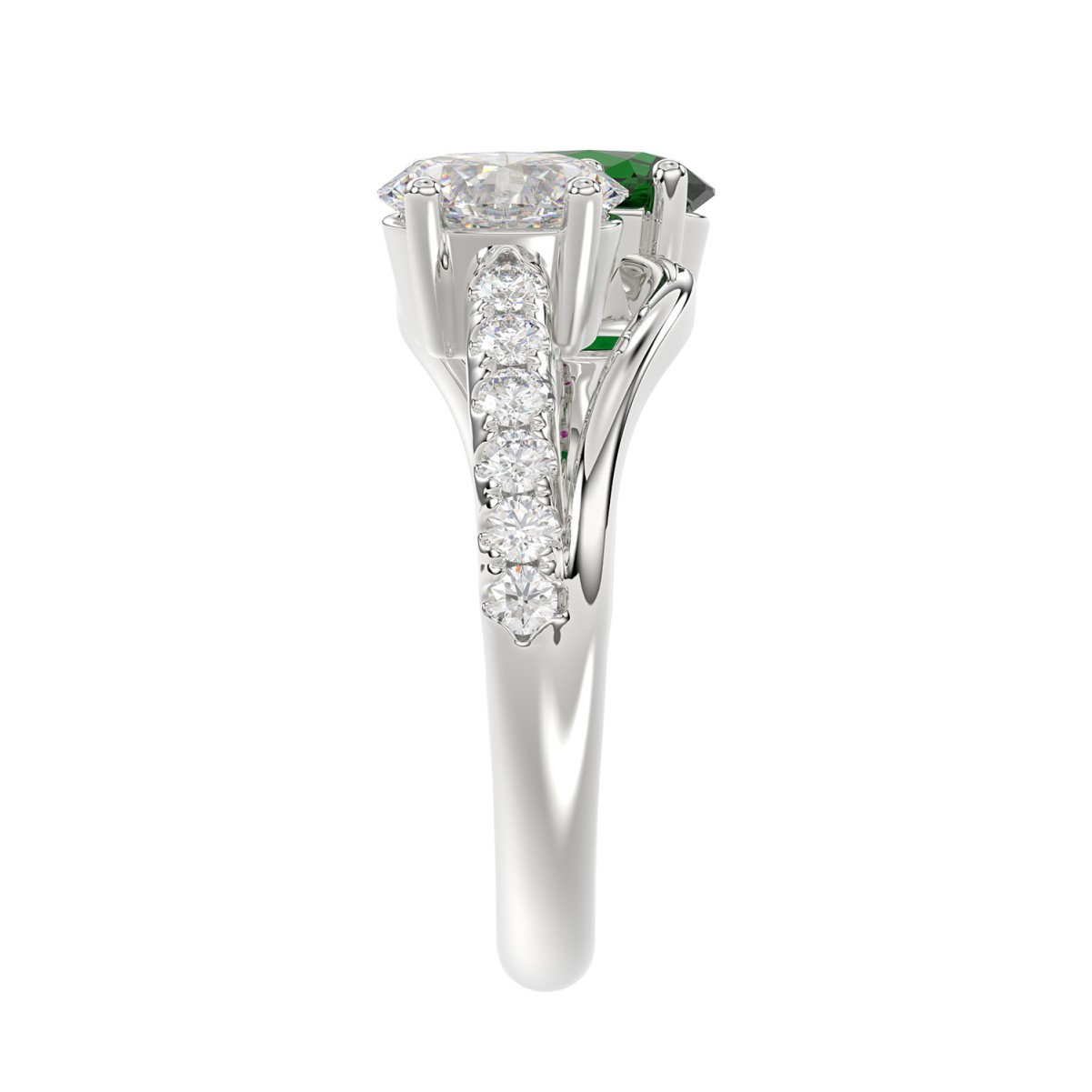 18K WHITE GOLD 7/8CT OVAL GREEN EMERALD / ROUND DIAMOND LADIES RING(COLOR STONE OVAL GREEN EMERALD DIAMOND 1/3CT)