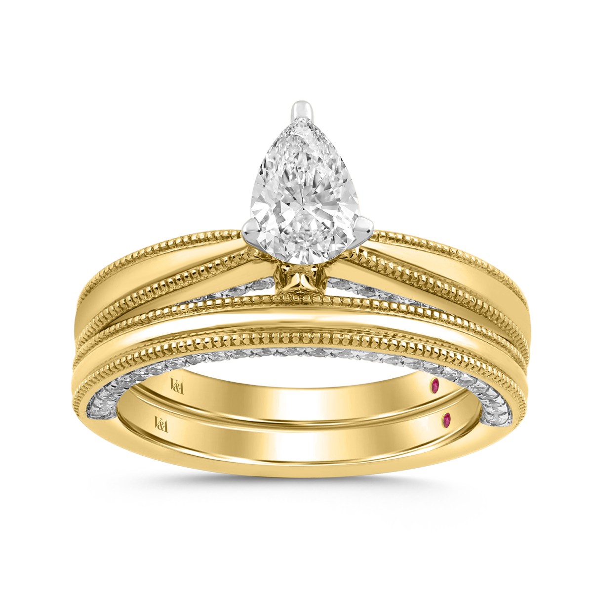 18K YELLOW GOLD 1.00CT ROUND/PEAR DIAMOND LADIES BRIDAL SET (CENTER STONE PEAR DIAMOND 1/2CT)