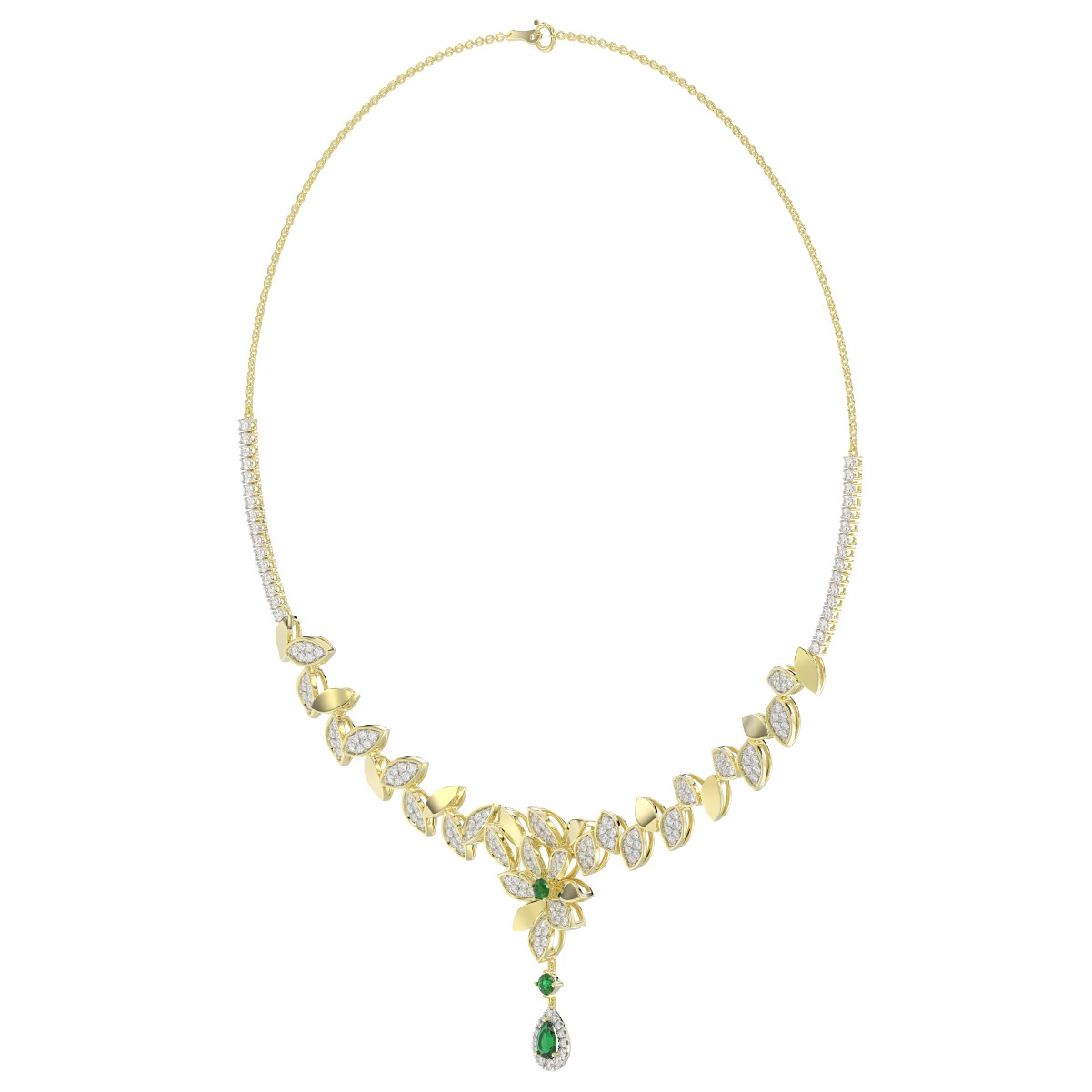 18K YELLOW GOLD 3 1/5CT ROUND/EMERALD/PEAR DIAMOND LADIES NECKLACE(COLOR STONE GREEN EMERALD/ROUND DIAMOND 1/4CT/PEAR DIAMOND 1/2CT)