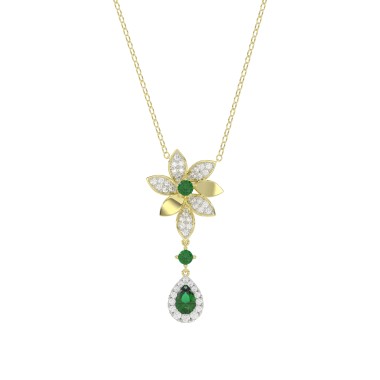 18K YELLOW GOLD 1 1/6CT ROUND/EMERALD/PEAR DIAMOND LADIES NECKLACE(COLOR STONE GREEN EMERALD ROUND DIAMOND 1/4CT/PEAR DIAMOND 1/2CT)