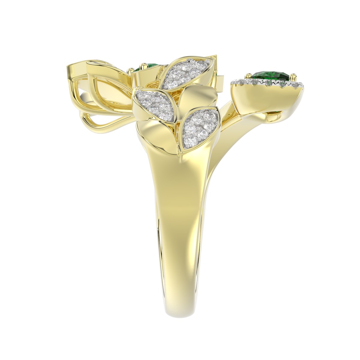 18K YELLOW GOLD 7/8CT ROUND/PEAR DIAMOND LADIES RING(COLOR STONE GREEN EMERALD PEAR DIAMOND 1/4CT/ROUND DIAMOND 1/8CT)