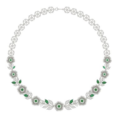 18K WHITE GOLD 6 1/3CT ROUND/EMERALD/PEAR/MARQUISE DIAMOND LADIES NECKLACE(COLOR STONE GREEN EMERALD ROUND DIAMOND 3/8CT / PEAR DIAMOND 1/2CT / MARQUISE DIAMOND 2 1/4CT)