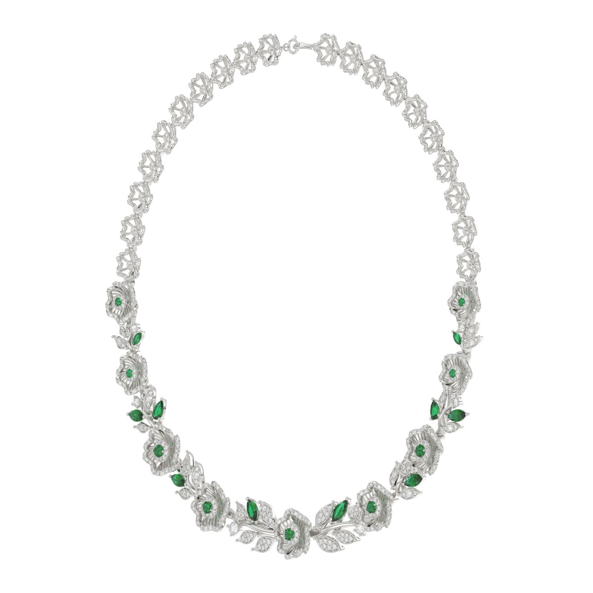 18K WHITE GOLD 6 1/3CT ROUND/EMERALD/PEAR/MARQUISE DIAMOND LADIES NECKLACE(COLOR STONE GREEN EMERALD ROUND DIAMOND 3/8CT / PEAR DIAMOND 1/2CT / MARQUISE DIAMOND 2 1/4CT)