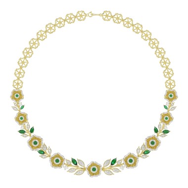 18K YELLOW GOLD 6 1/3CT ROUND/EMERALD/PEAR/MARQUISE DIAMOND LADIES NECKLACE(COLOR STONE GREEN EMERALD ROUND DIAMOND 3/8CT / PEAR DIAMOND 1/2CT / MARQUISE DIAMOND 2 1/4CT)