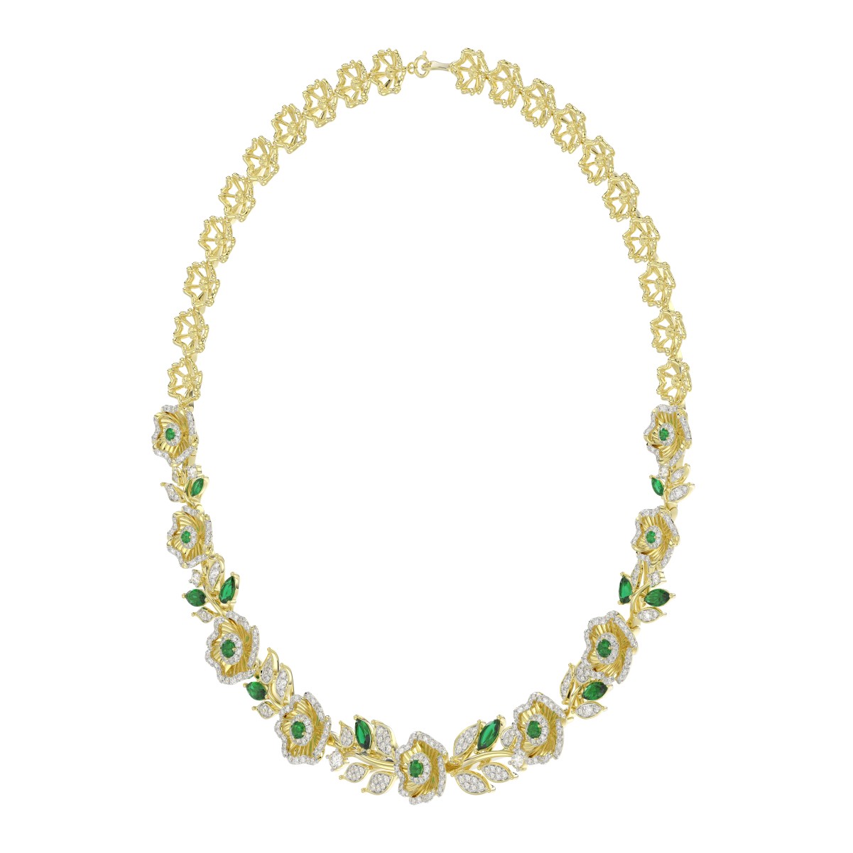 18K YELLOW GOLD 6 1/3CT ROUND/EMERALD/PEAR/MARQUISE DIAMOND LADIES NECKLACE(COLOR STONE GREEN EMERALD ROUND DIAMOND 3/8CT / PEAR DIAMOND 1/2CT / MARQUISE DIAMOND 2 1/4CT)