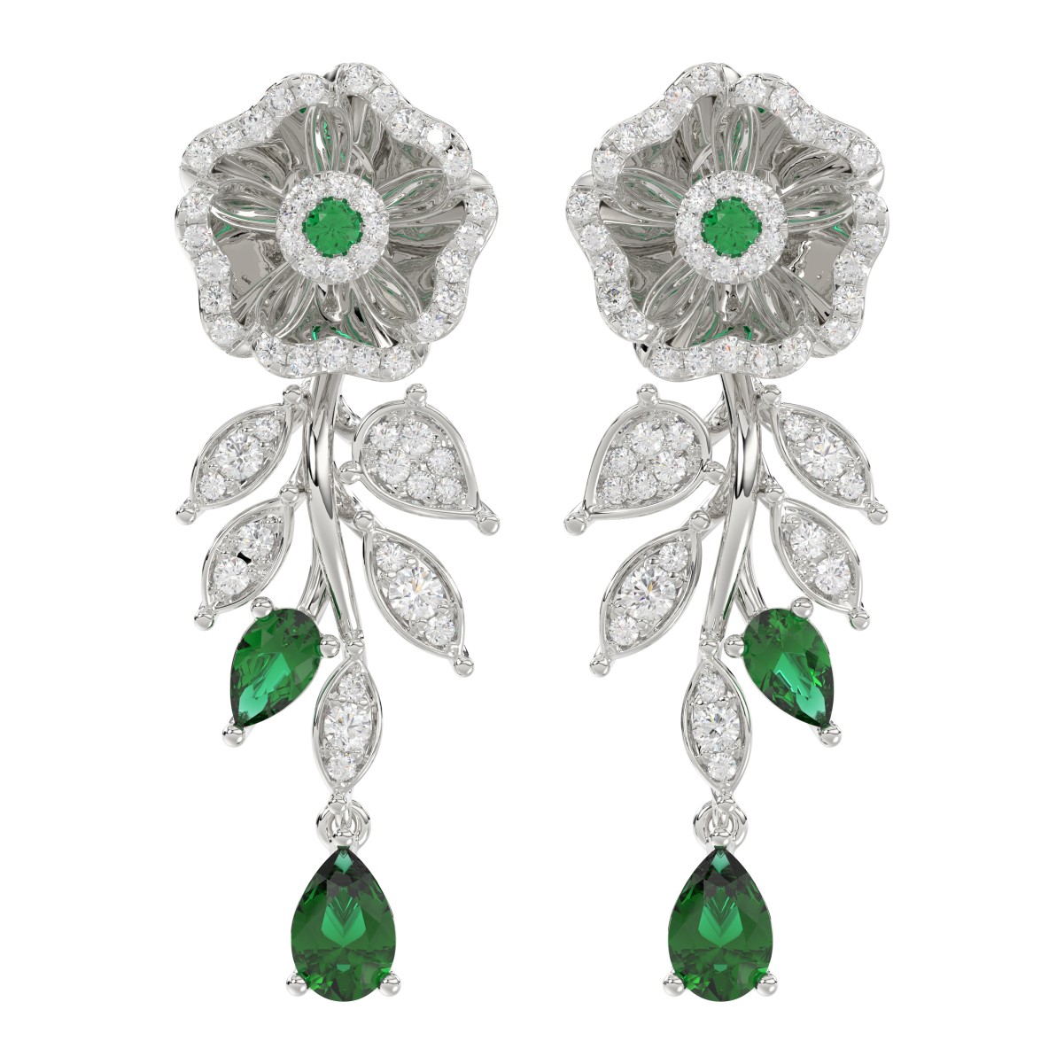 18K WHITE GOLD 2 1/4CT ROUND/PEAR DIAMOND LADIES EARRINGS (CENTER STONE PEAR DIAMOND 1 3/8CT/EMERALD/ROUND DIAMOND 1/10CT)