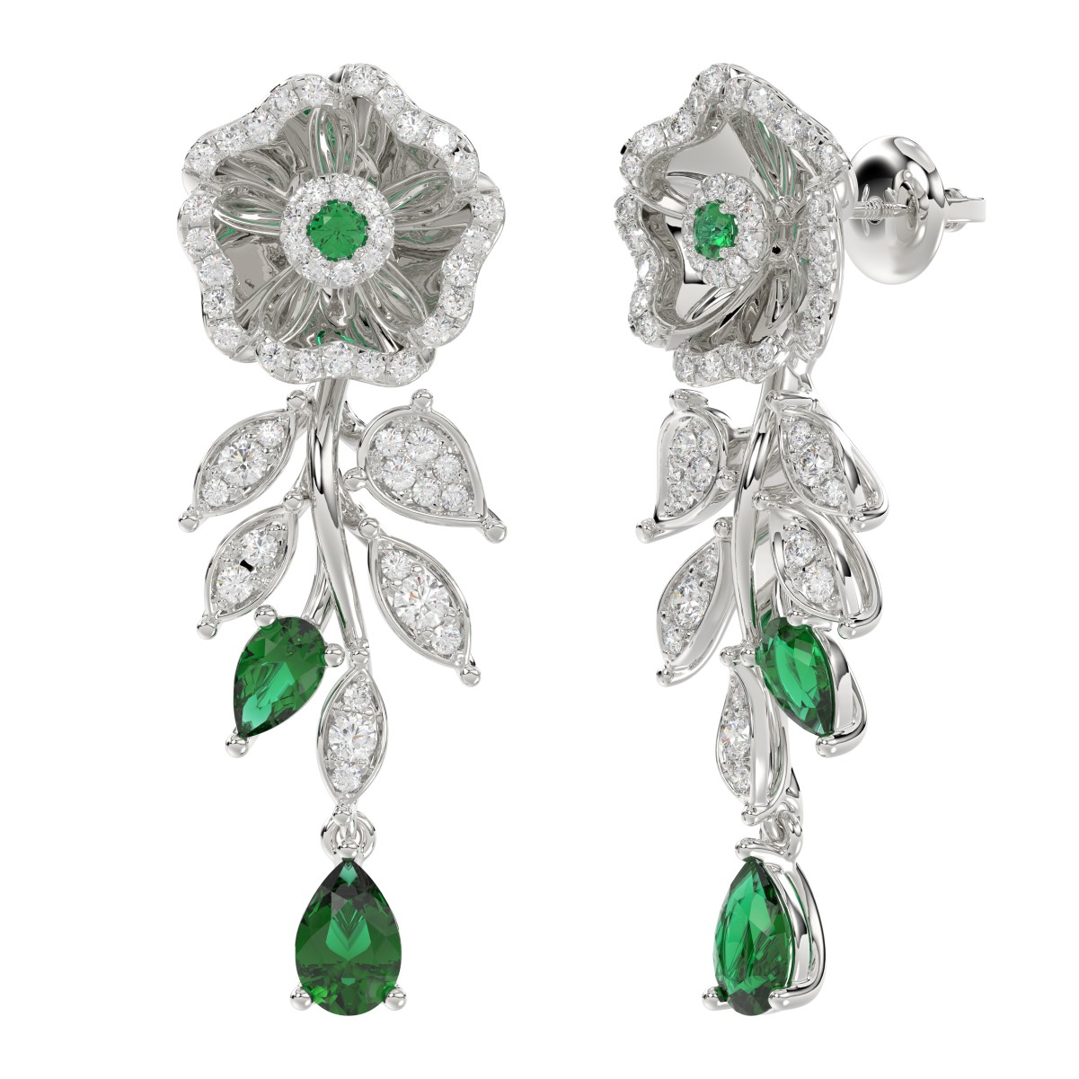 18K WHITE GOLD 2 1/4CT ROUND/PEAR DIAMOND LADIES EARRINGS(COLOR STONE PEAR DIAMOND 1 3/8CT/EMERALD/ROUND DIAMOND 1/10CT)