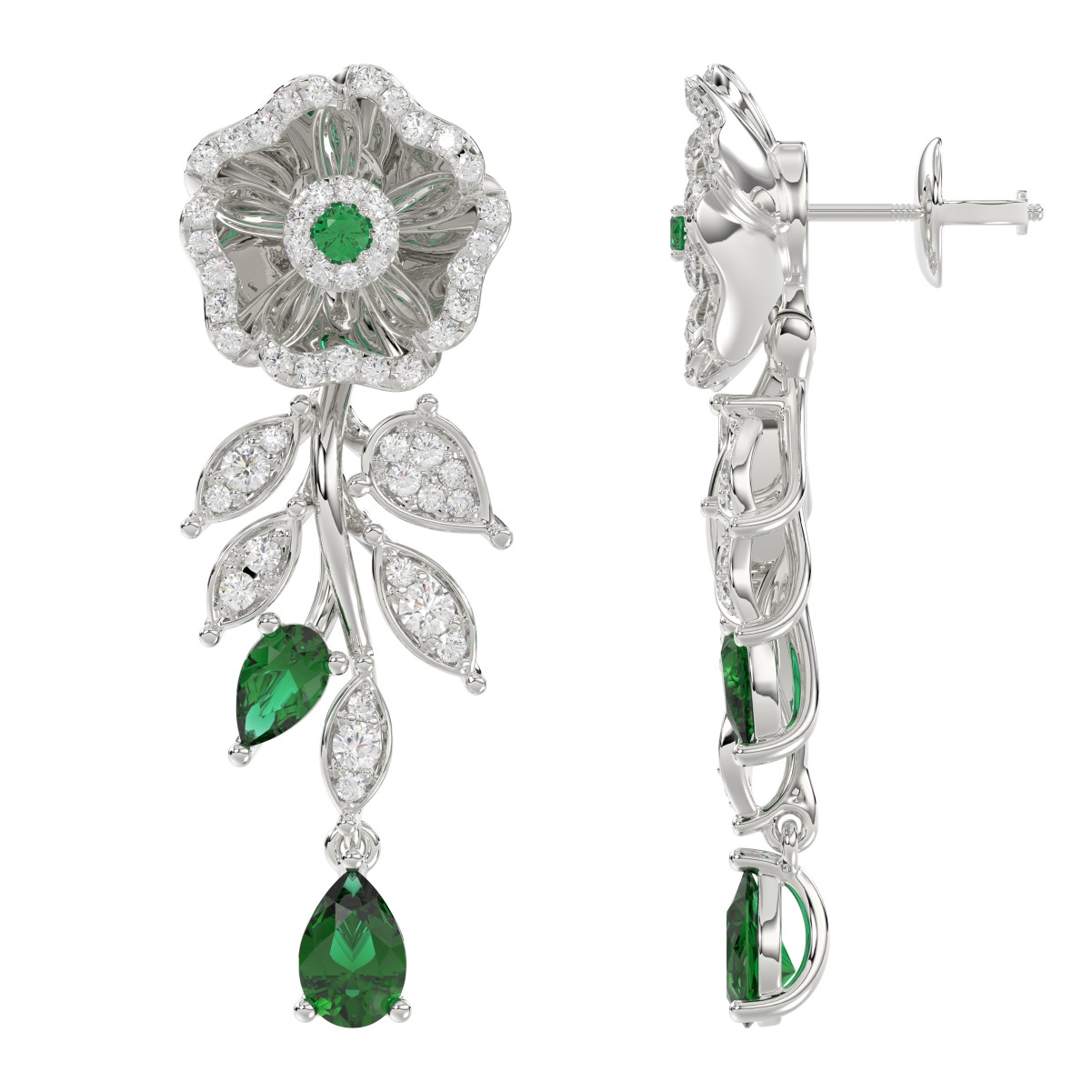 18K WHITE GOLD 2 1/4CT ROUND/PEAR DIAMOND LADIES EARRINGS(COLOR STONE PEAR DIAMOND 1 3/8CT/EMERALD/ROUND DIAMOND 1/10CT)