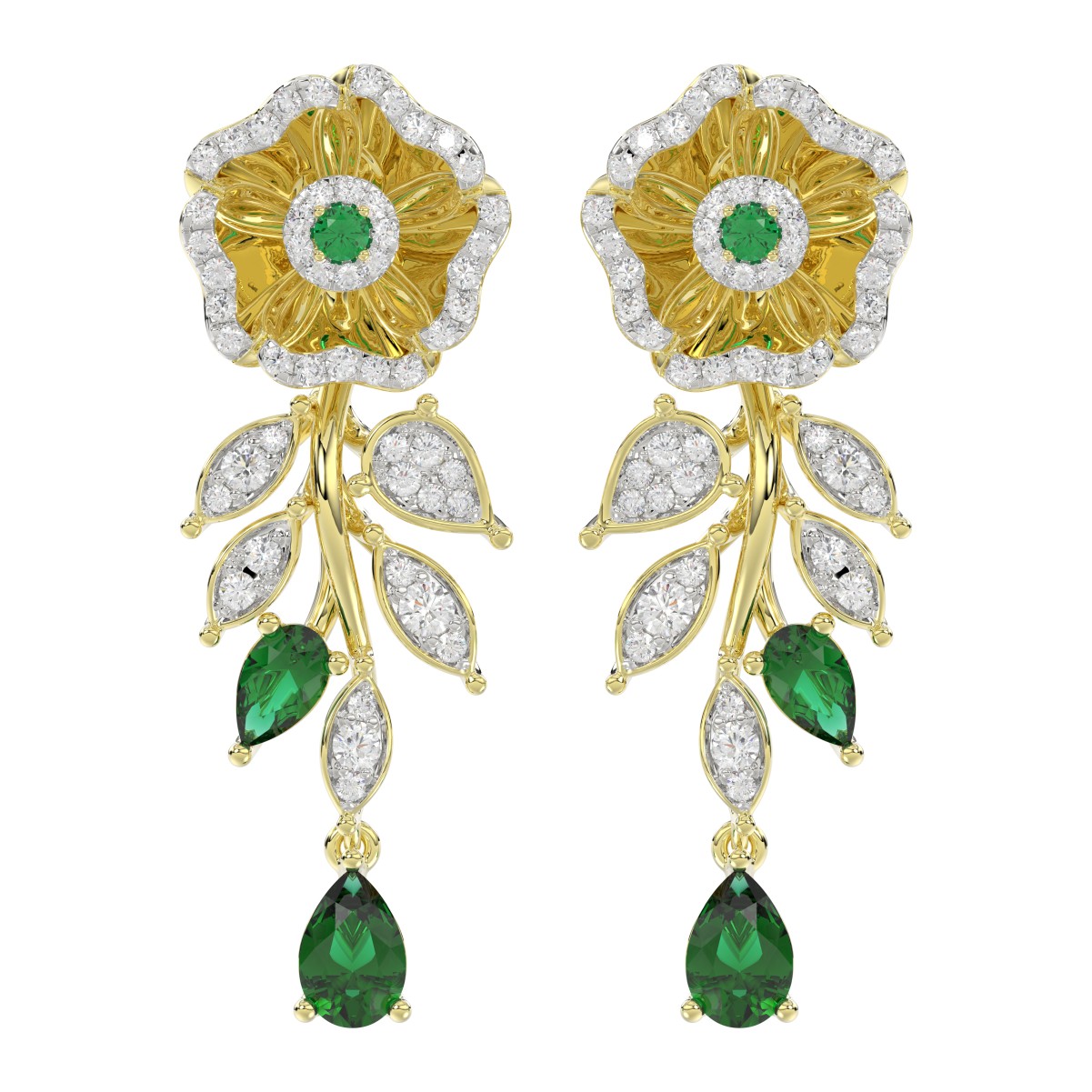 18K YELLOW GOLD 2 1/4CT ROUND/PEAR DIAMOND LADIES EARRINGS(COLOR STONE PEAR DIAMOND 1 3/8CT/EMERALD/ROUND DIAMOND 1/10CT)