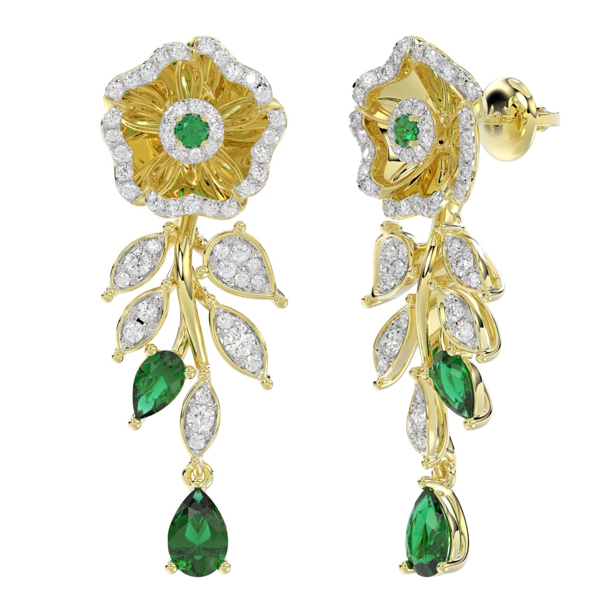 18K YELLOW GOLD 2 1/4CT ROUND/PEAR DIAMOND LADIES EARRINGS(COLOR STONE PEAR DIAMOND 1 3/8CT/EMERALD/ROUND DIAMOND 1/10CT)