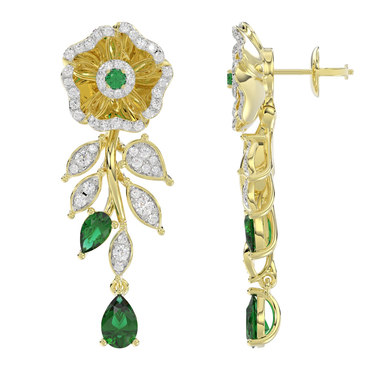 18K YELLOW GOLD 2 1/4CT ROUND/PEAR DIAMOND LADIES EARRINGS(COLOR STONE PEAR DIAMOND 1 3/8CT/EMERALD/ROUND DIAMOND 1/10CT)