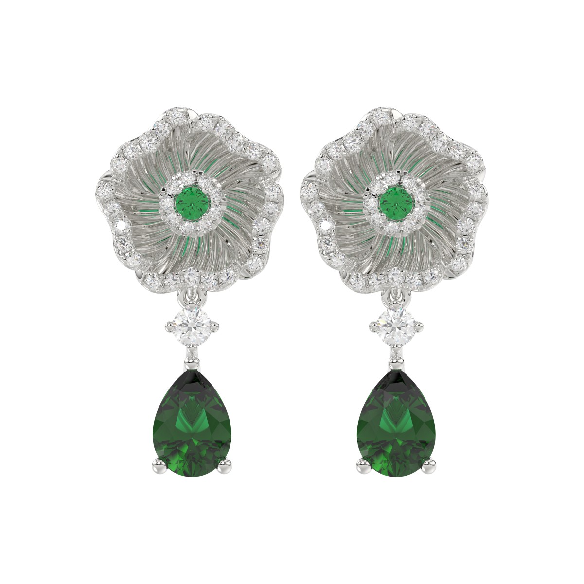 18K WHITE GOLD 2CT ROUND/PEAR DIAMOND LADIES EARRINGS(COLOR STONE GREEN EMERALD ROUND DIAMOND 1/15CT / PEAR DIAMOND 1 3/8CT)