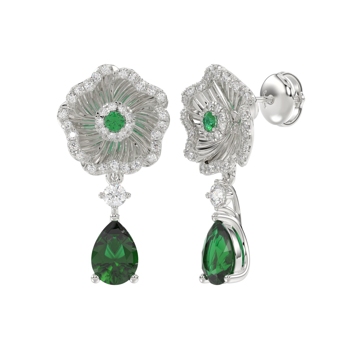 18K WHITE GOLD 2CT ROUND/PEAR DIAMOND LADIES EARRINGS(COLOR STONE GREEN EMERALD ROUND DIAMOND 1/15CT / PEAR DIAMOND 1 3/8CT)