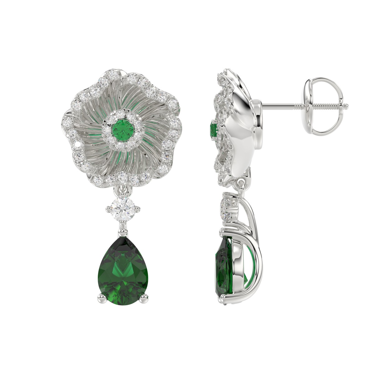 18K WHITE GOLD 2CT ROUND/PEAR DIAMOND LADIES EARRINGS(COLOR STONE GREEN EMERALD ROUND DIAMOND 1/15CT / PEAR DIAMOND 1 3/8CT)