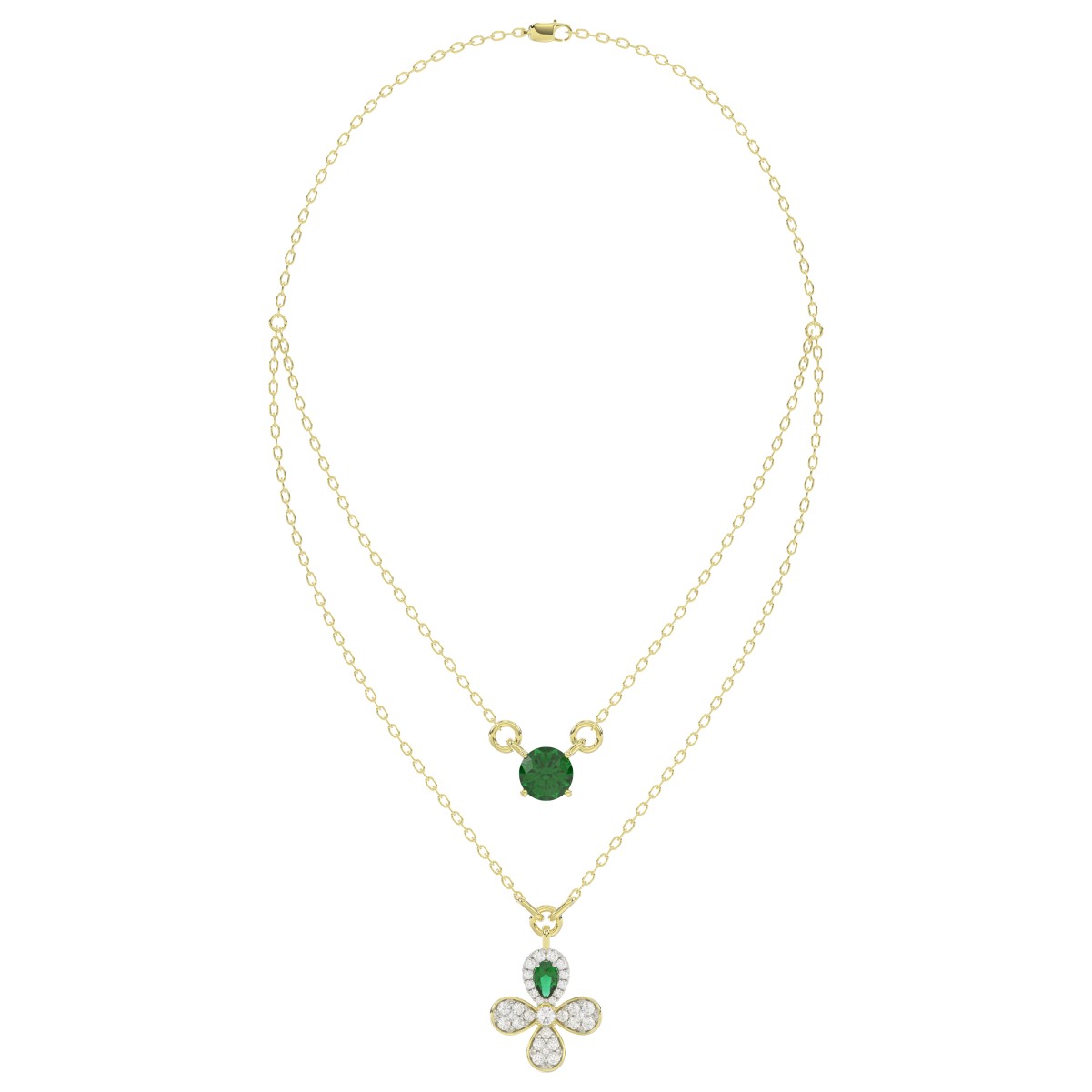 18K YELLOW GOLD 2 1/2CT ROUND/PEAR DIAMOND LADIES NECKLACE(COLOR STONE GREEN EMERALD PEAR DIAMOND 1/4CT/ROUND DIAMOND 1 3/4CT)