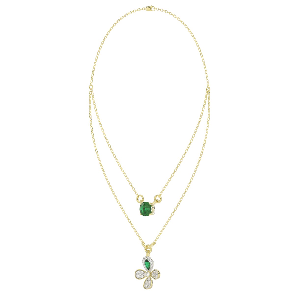 18K YELLOW GOLD 2 1/2CT ROUND/PEAR DIAMOND LADIES NECKLACE(COLOR STONE GREEN EMERALD PEAR DIAMOND 1/4CT/ROUND DIAMOND 1 3/4CT)