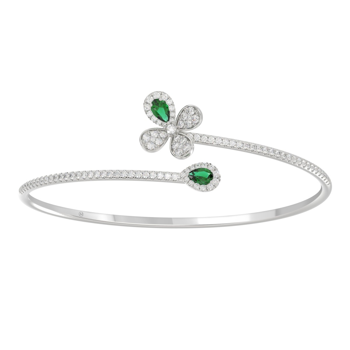 18K WHITE GOLD 1 1/2CT ROUND/PEAR DIAMOND LADIES BANGLE(COLOR STONE PEAR GREEN EMERALD DIAMOND 2 1/2CT)