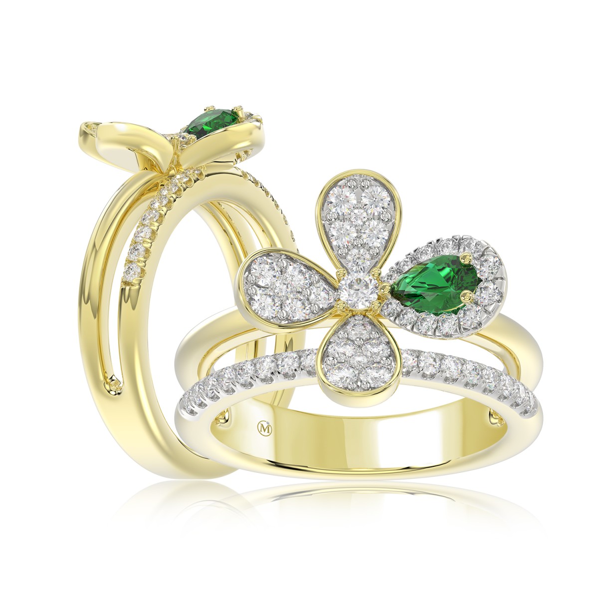 18K YELLOW GOLD 3/4CT ROUND/PEAR DIAMOND LADIES RING(COLOR STONE PEAR GREEN EMERALD DIAMOND 1/4CT)