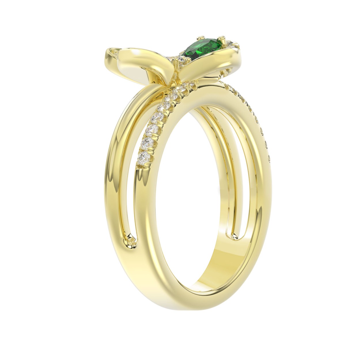 18K YELLOW GOLD 3/4CT ROUND/PEAR DIAMOND LADIES RING(COLOR STONE PEAR GREEN EMERALD DIAMOND 1/4CT)