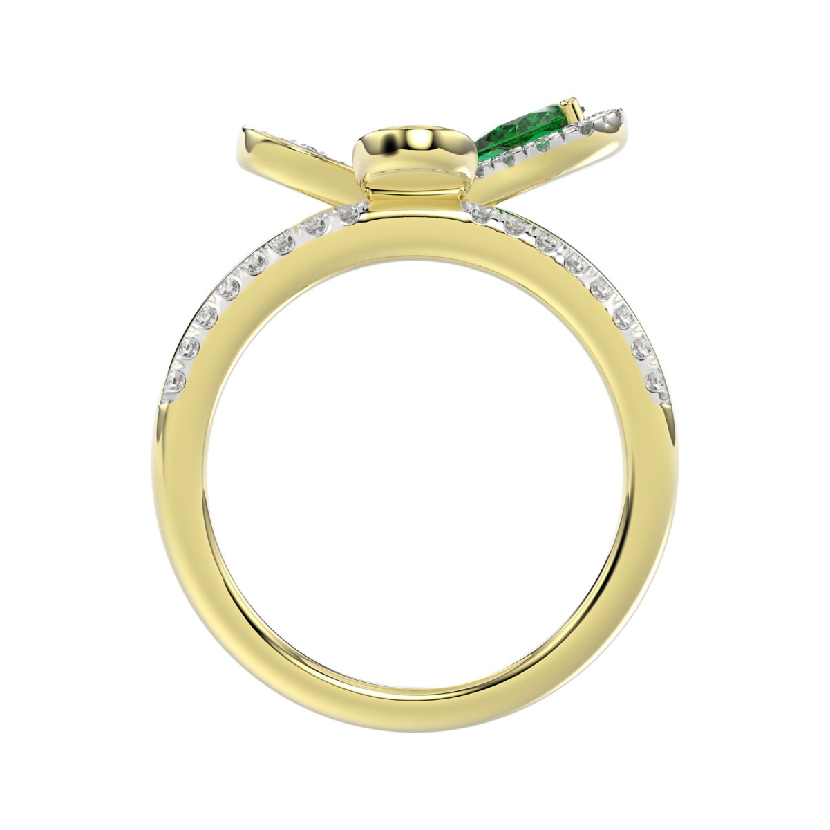 18K YELLOW GOLD 3/4CT ROUND/PEAR DIAMOND LADIES RING(COLOR STONE PEAR GREEN EMERALD DIAMOND 1/4CT)