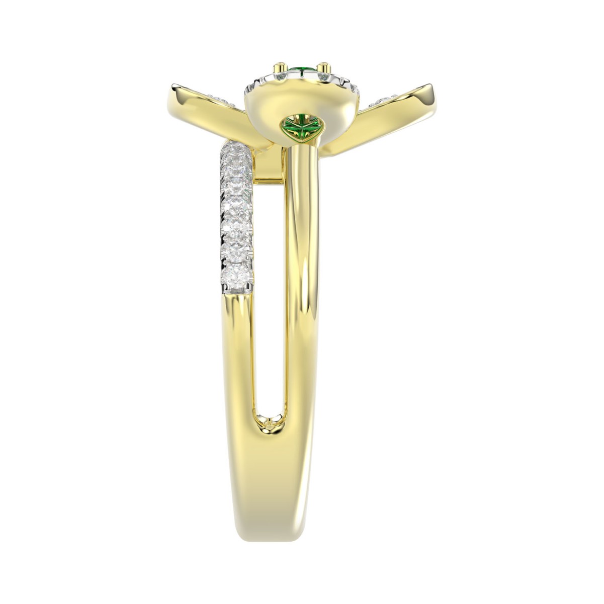 18K YELLOW GOLD 3/4CT ROUND/PEAR DIAMOND LADIES RING(COLOR STONE PEAR GREEN EMERALD DIAMOND 1/4CT)