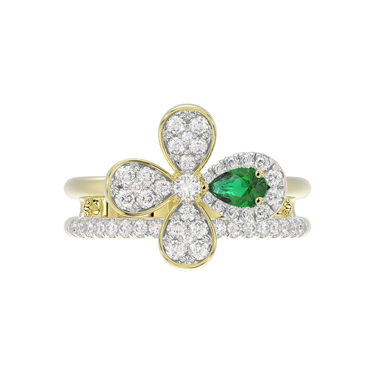 18K YELLOW GOLD 3/4CT ROUND/PEAR DIAMOND LADIES RING(COLOR STONE PEAR GREEN EMERALD DIAMOND 1/4CT)