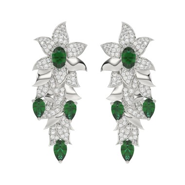 18K WHITE GOLD 3 5/8CT ROUND/OVAL/PEAR DIAMOND LADIES EARRINGS(COLOR STONE GREEN EMERALD OVAL 1CT/PEAR DIAMOND 1 1/2CT)