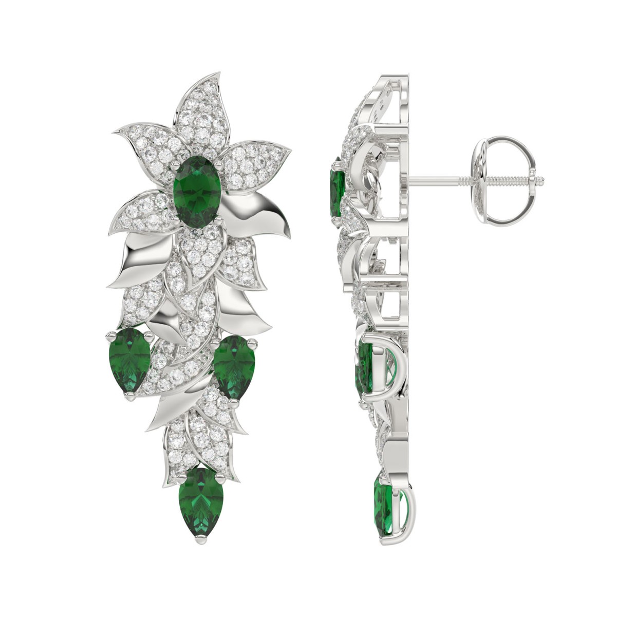 18K WHITE GOLD 3 5/8CT ROUND/OVAL/PEAR DIAMOND LADIES EARRINGS(COLOR STONE GREEN EMERALD OVAL 1CT/PEAR DIAMOND 1 1/2CT)
