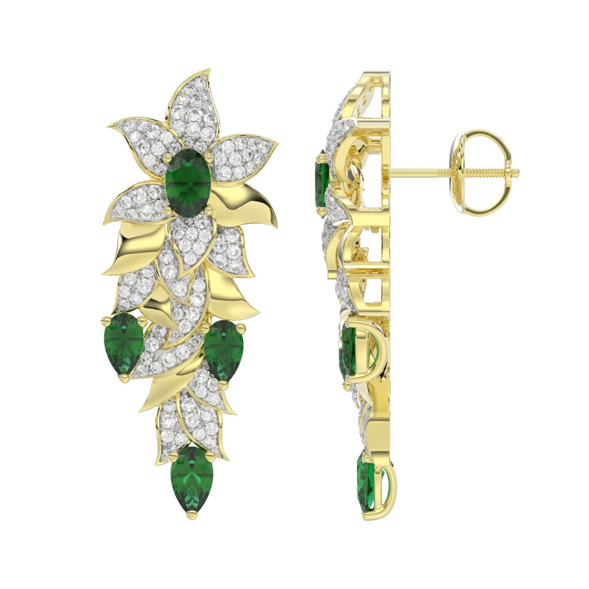 18K YELLOW GOLD 3 5/8CT ROUND/OVAL/PEAR DIAMOND LADIES EARRINGS(COLOR STONE GREEN EMERALD OVAL 1CT/PEAR DIAMOND 1 1/2CT)