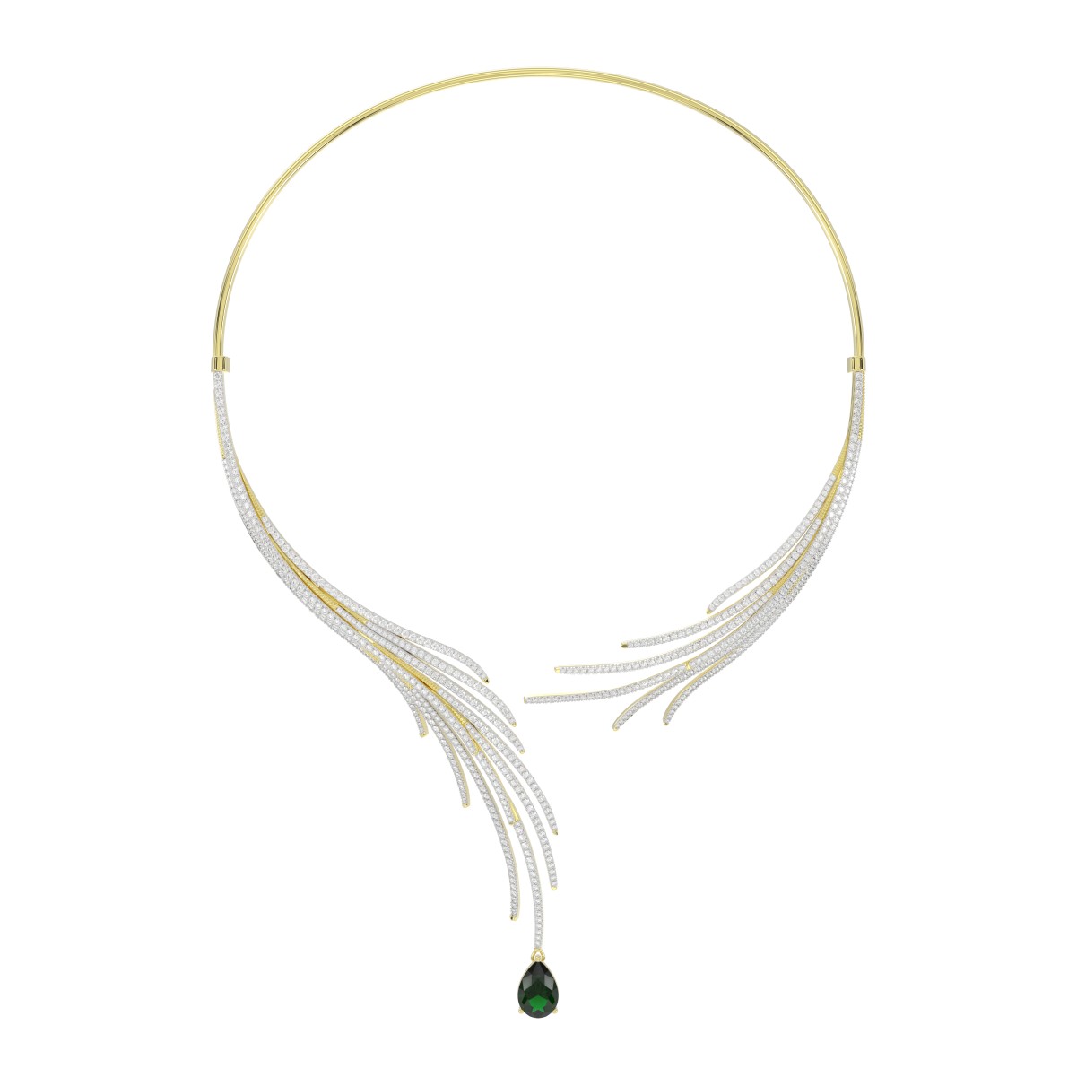 18K YELLOW GOLD 6CT ROUND/PEAR DIAMOND LADIES NECKLACE(COLOR STONE EMERALD/PEAR 4 1/6CT)