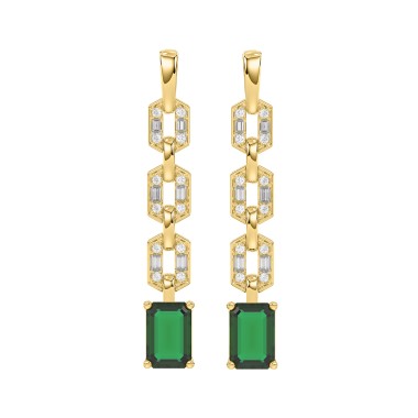 18K YELLOW GOLD 2CT ROUND/BAGUETTE/EMERALD DIAMOND LADIES EARRINGS(COLOR STONE GREEN EMERALD DIAMOND 1 7/8CT)